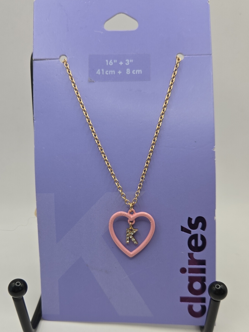 NEW Claire's Gold Chain Necklace with Pink Heart and Rhinestone 'K' Charm